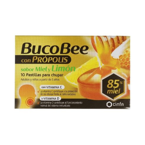 BUCOBEE CON PROPOLIS PASTILLAS PARA CHUPAR  MIEL Y LIMON 10 PASTILLAS